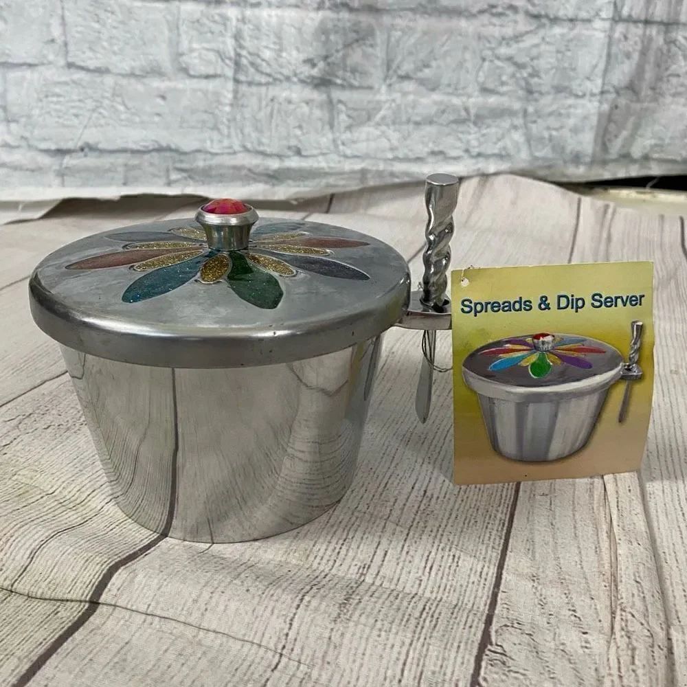 Spreads & dip aluminum server with colorful decorated lid brand new